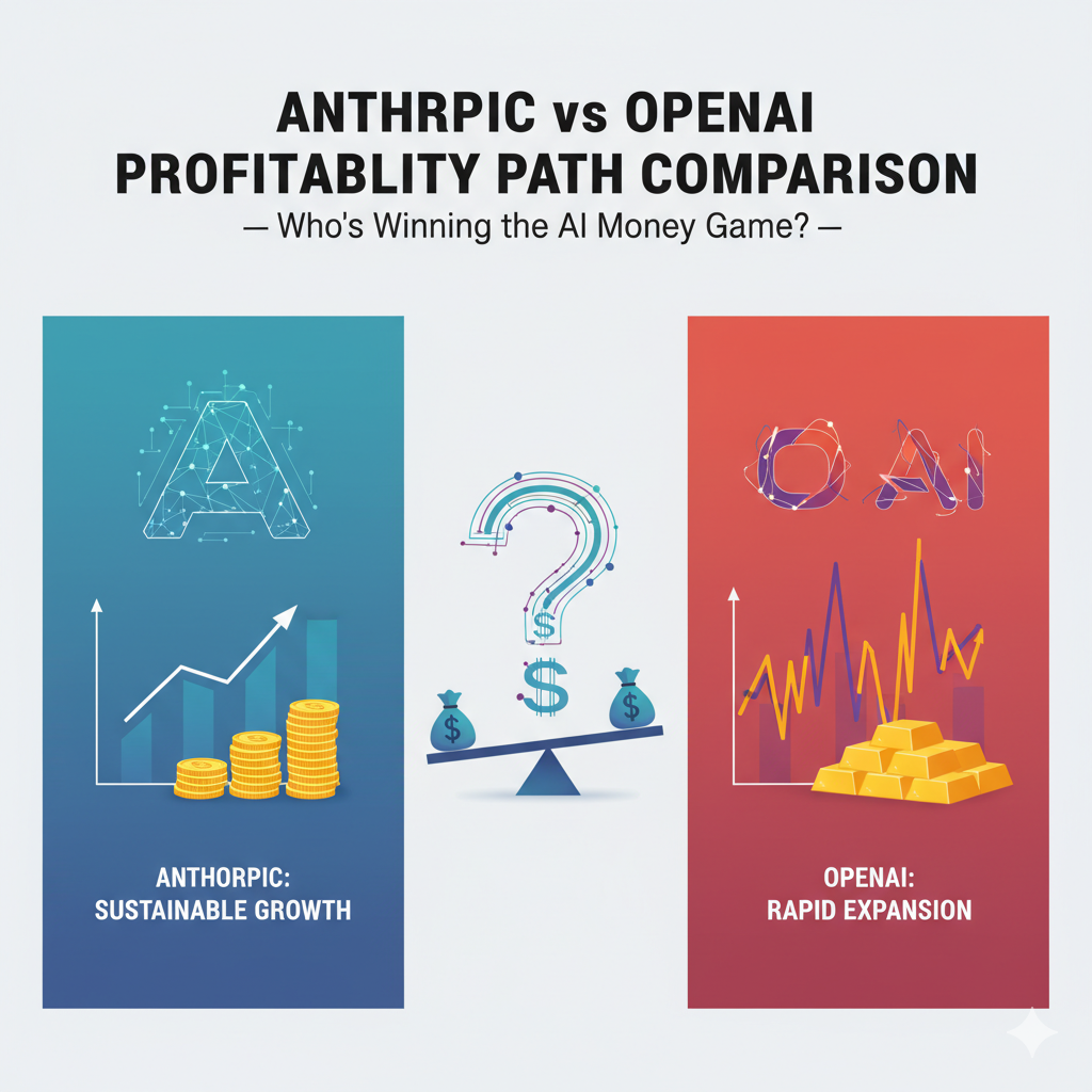 Anthropic vs OpenAI Profitability comparison illustration. The graphic contrasts Anthropic's path of 'Sustainable Growth' (steady upward graph and stacks of coins) with OpenAI's 'Rapid Expansion' (volatile graph and gold bars), mediated by a central question mark on a balance scale.