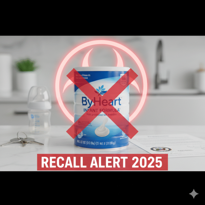 ByHeart Infant Formula Recall 2025 - Official infant formula recall notice with a red warning symbol next to a can of ByHeart formula, emphasizing safety.