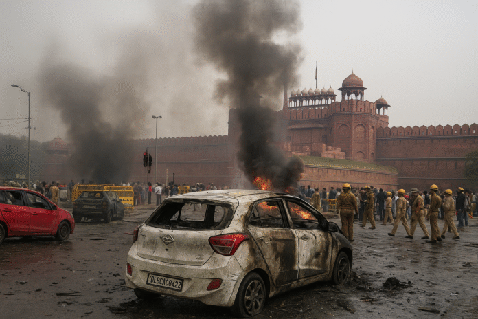 Explosion Outside Red Fort in Delhi — emergency response teams and smoke visible near the historic monument after a car blast.