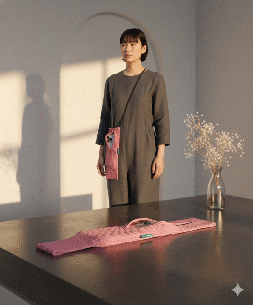 Issey Miyake iPhone Pocket Price in US - a deep sapphire color with a long strap, shown worn cross-body over a modern, minimalist outfit. US price is $229.95.