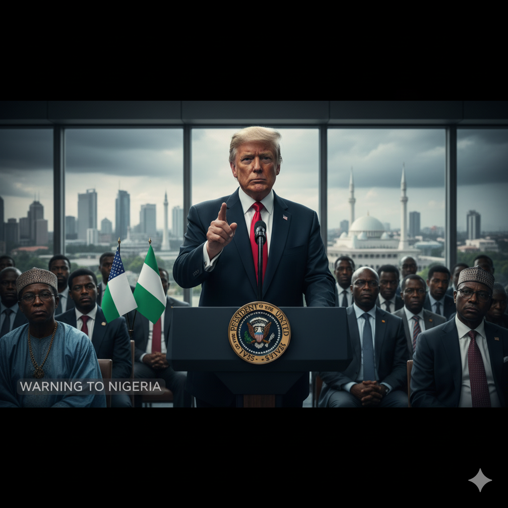 Trump Warns Nigeria — Donald Trump delivers a serious warning, standing before a stylized backdrop of Abuja, Nigeria's capital city.