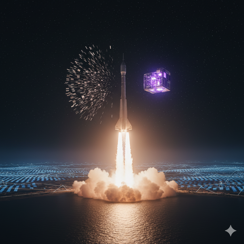 Cinematic view of a SpaceX Starship launch deploying two competing payloads in orbit: a swarm of Starlink satellites and a single, glowing Star Cloud AI edge computer.