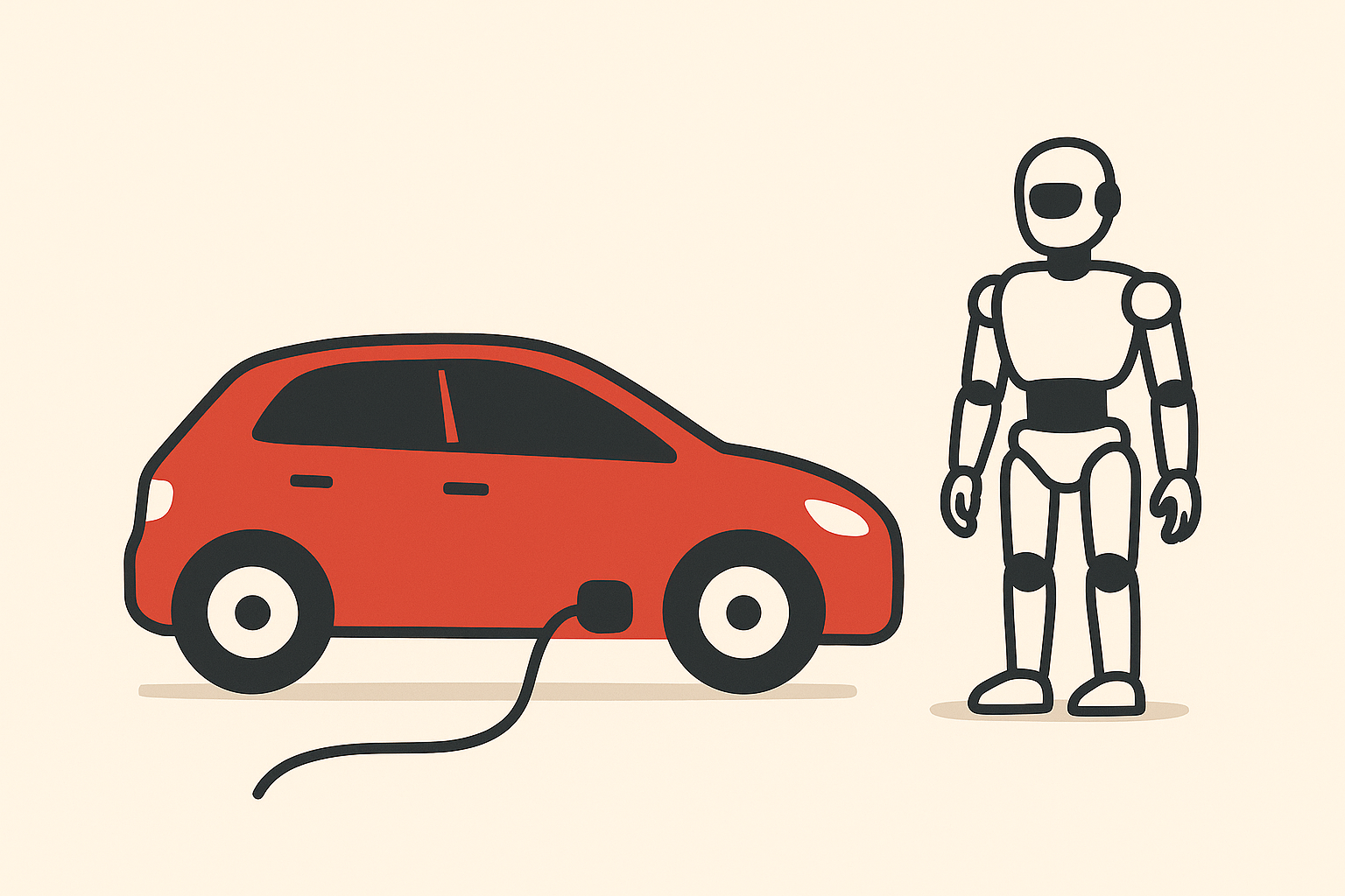 Illustration of a red electric vehicle charging next to a humanoid robot, representing Tesla’s EV slowdown and robotics development challenges.