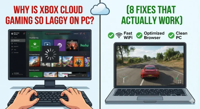 Xbox cloud gaming lag on pc - Xbox Cloud Gaming interface on a PC showing lag and low network quality.